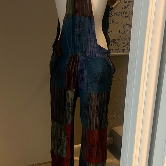 NWT patchwork overalls by windhorse adjustable size boho style pants - Picture 7 of 13